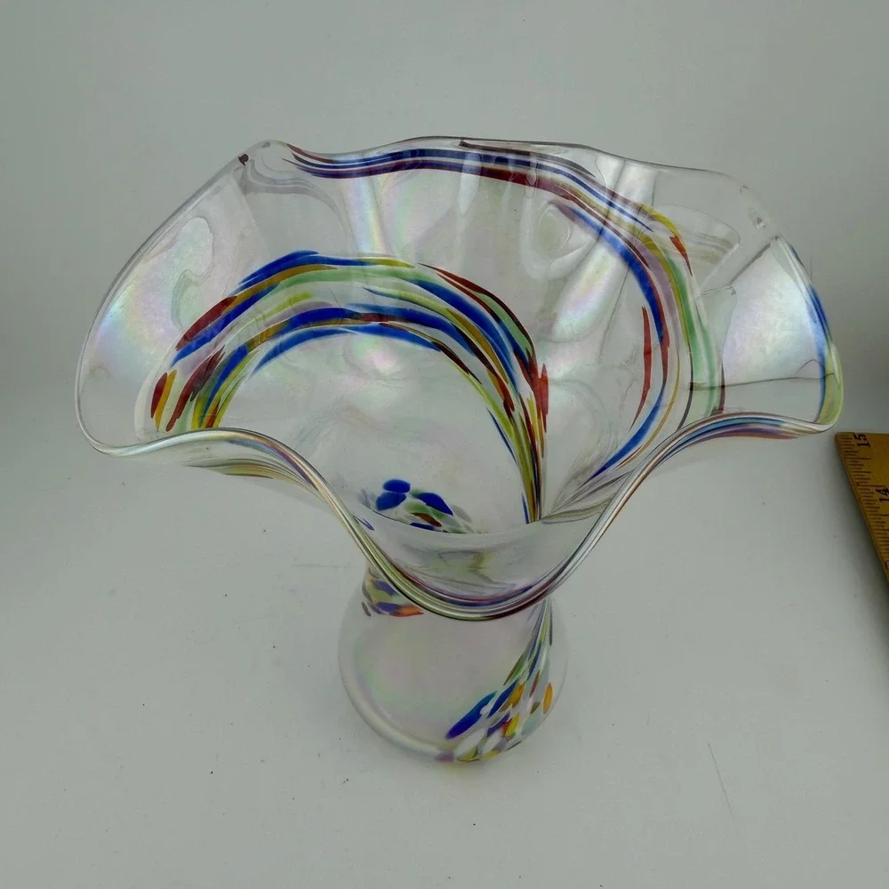 Murano Hand Blown Art Glass Vase Medium Multicolor Iridescent Ruffled Confetti